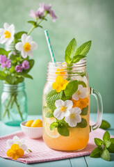 A refreshing Easter-themed drink in a mason jar, garnished with fresh mint and edible flowers, pastel-colored tablecloth, bright spring lighting