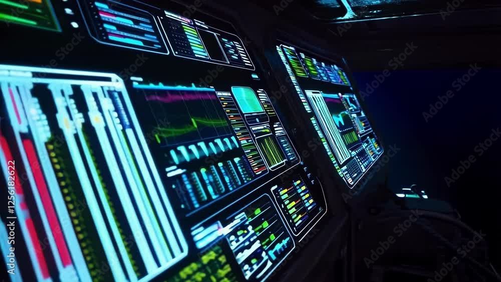 Poster digital data streams flowing across illuminated screens, revealing intricate network monitoring with