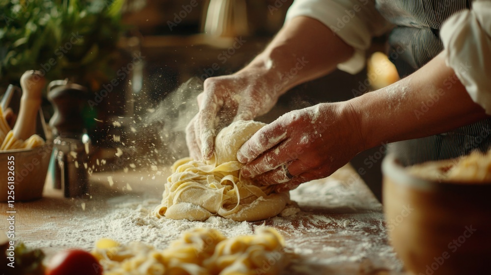 Poster hands preparing fresh pasta dough in a rustic kitchen setting