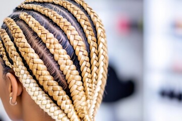 Professional stylist showcases step-by-step hair braiding technique in a modern salon setting