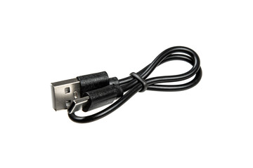 A black USB cable with USB-A and USB-C connectors, coiled neatly, isolated on a white background.