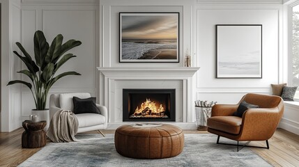A fireplace picture frame mockup offers a customizable display, allowing you to create your own cozy, homey atmosphere in a stylish, inviting space.