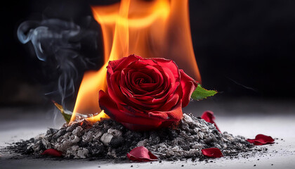 burning rose in pile of ashes