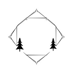 Geometric winter frame with minimalist design, consisting of a black octagon shape with snowflakes and pine trees.