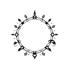 Circular Black Frame with Ornamental Detail, Stars and a Clean White Background.