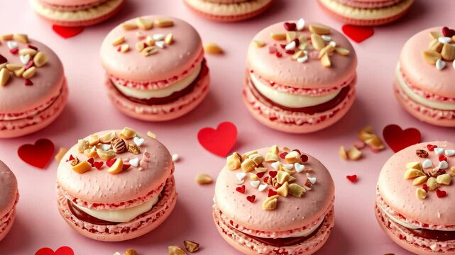 Valentine's Day macrons with red and pink cream, white chocolate filling, and hazelnuts on top.