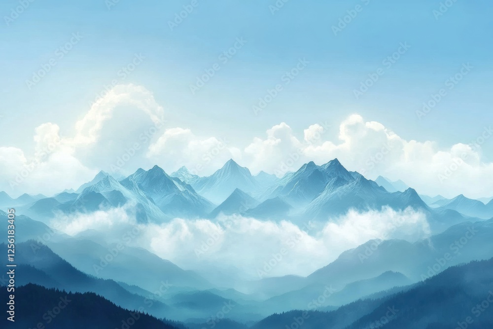 Aufkleber Majestic mountain range under soft clouds with a brilliant blue sky perfect for tranquility and inspiration. Generative AI