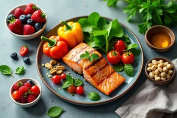 A healthy and delicious grilled salmon meal with colorful bell peppers, fresh berries, nuts, and leafy greens