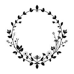 Floral Wreath with Detailed Silhouette, Black and White, Minimalist Design.