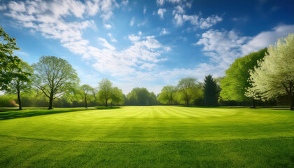 Fototapeta premium beautiful blurred background image of spring nature with a neatly trimmed lawn surrounded by trees against a blue sky with clouds on a bright sunny day