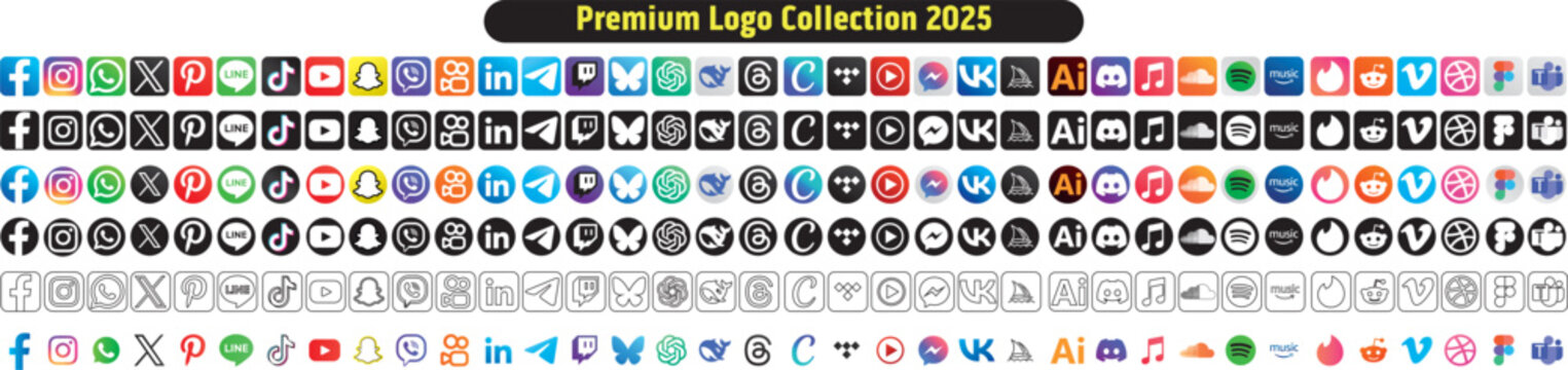 Premium logo collection 2025 featuring popular apps like Facebook, Instagram, TikTok, YouTube, Pinterest, WhatsApp, LinkedIn, Telegram, and more. Ideal for editorial and commercial use.