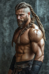 muscular viking man with long braided hair