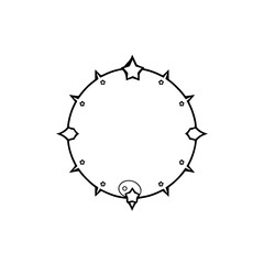 Minimalist illustration featuring a circular frame with spikes, stars, and a simplified Yin-Yang-like emblem.