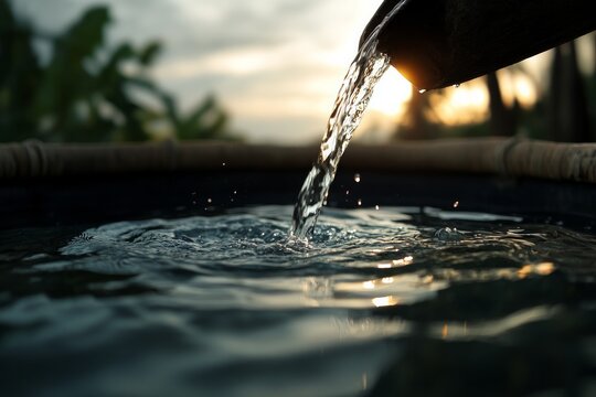 Serenity of an old village well flowing with fresh water in golden light. Generative AI