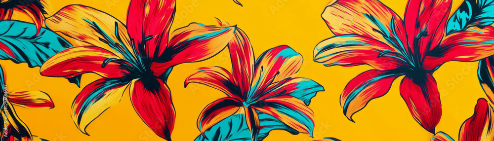 Poster bright abstract lilies with bold african-inspired lines create a vibrant repeating pattern