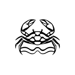 A black and white illustration of a crab against a white background, with minimal detail.