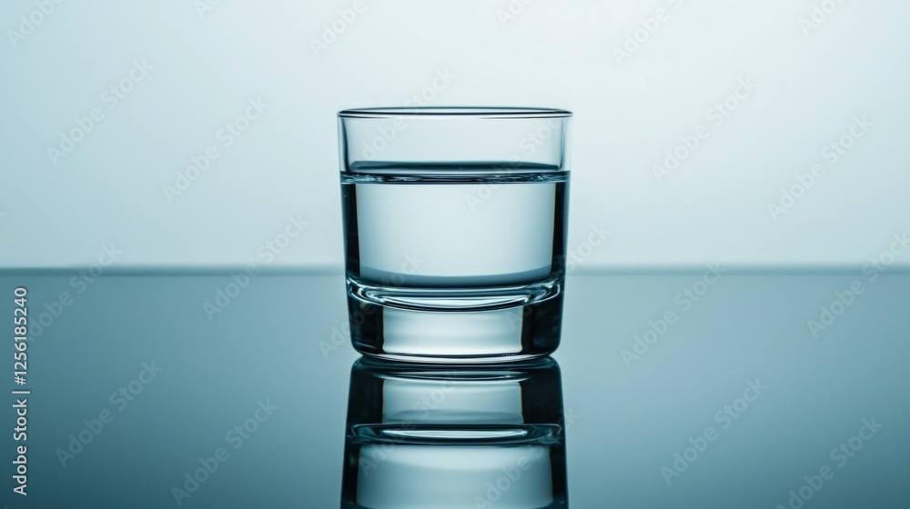 Poster clear glass with water on reflective surface in soft lighting