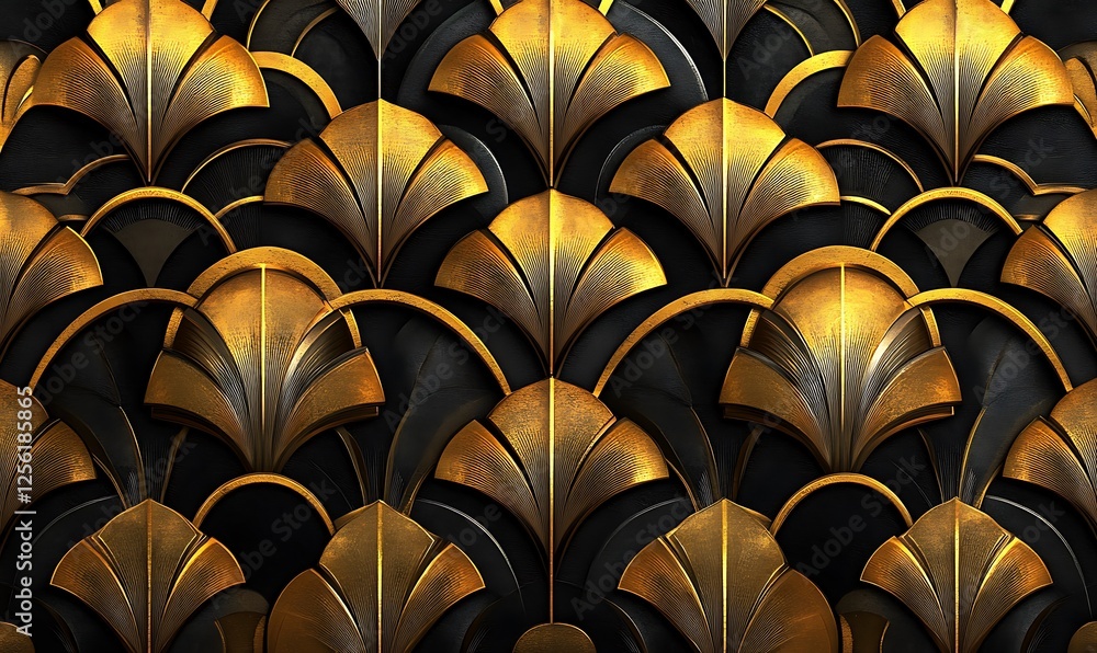 Poster art deco gold and black metallic leaf pattern.