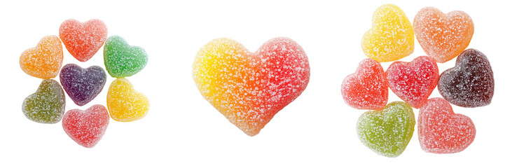 Fototapeta premium Set of A vibrant assortment of colorful gummy hearts scattered across a light blue table on transparent png background. Ai generated