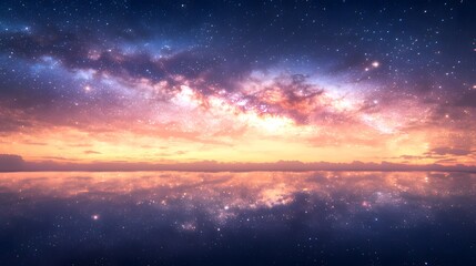 Fototapeta premium Scenic view of a lake surrounded by a vibrant night cityscape with a starry sky in pink and orange hues