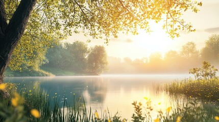 Serene Morning at Calm Lake with Warm Sunlight and Lush Nature
