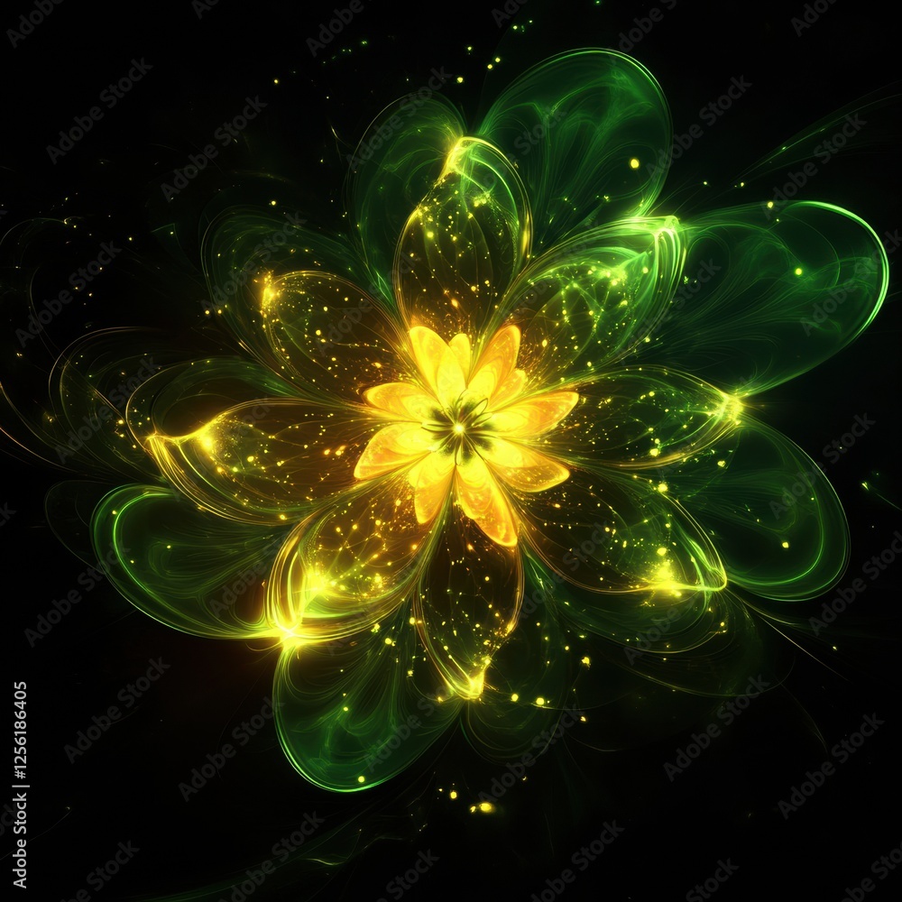 Poster vibrant fractal flower design with glowing green and yellow petals against a dark background. genera