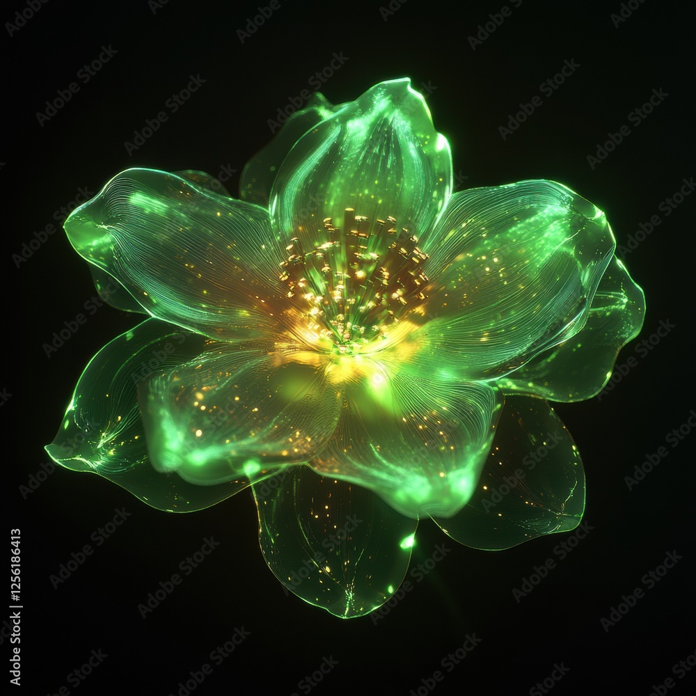 Poster glowing green flower with shimmering details against a dark background showcasing intricate features