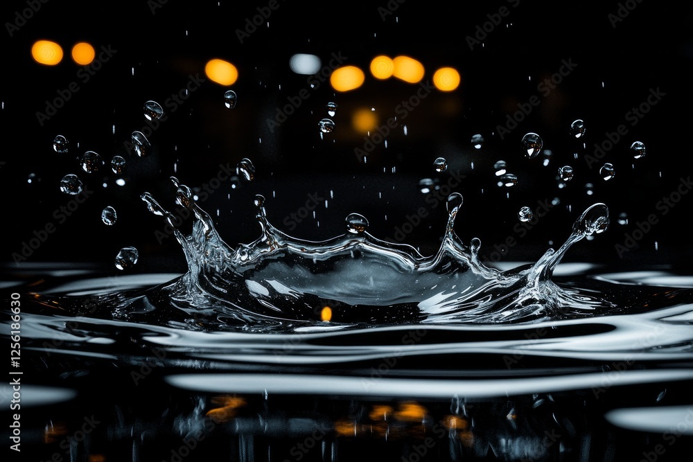 Poster water droplets create ripples in a tranquil lake at twilight. generative ai
