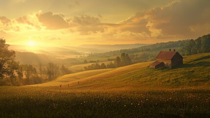 Fototapeta premium Serene Sunset Over Rolling Hills With Cottage in Tranquil Landscape