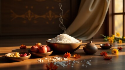 Fototapeta premium A humble wooden altar holds bowls of rice, fruits, and petals, encapsulating Buddhist ceremonies under gentle light.