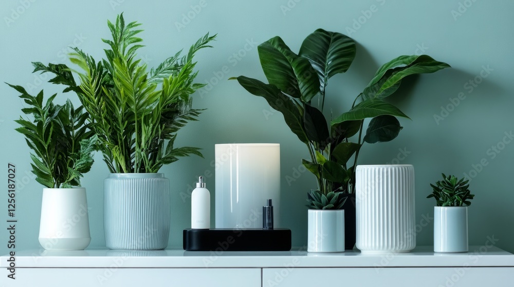 Poster creating a tranquil space with a digital wellness assistant and greenery. generative ai