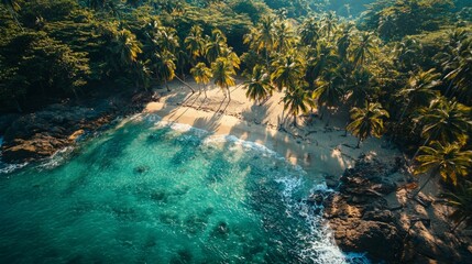 Obraz premium Aerial View of Tropical Beach Surrounded by Lush Green Palms