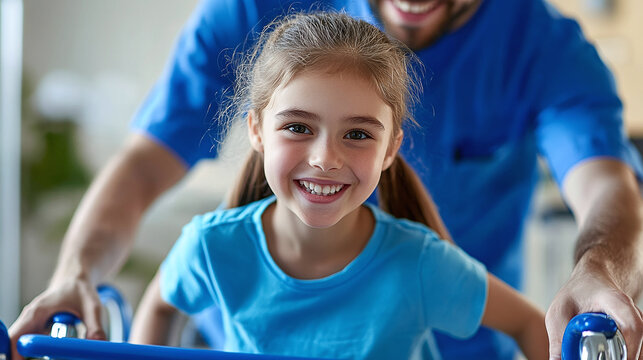 Young girl using a walker with physical therapist, smiling, and wearing matching blue. Focusing on rehabilitation, health, and recovery progress.