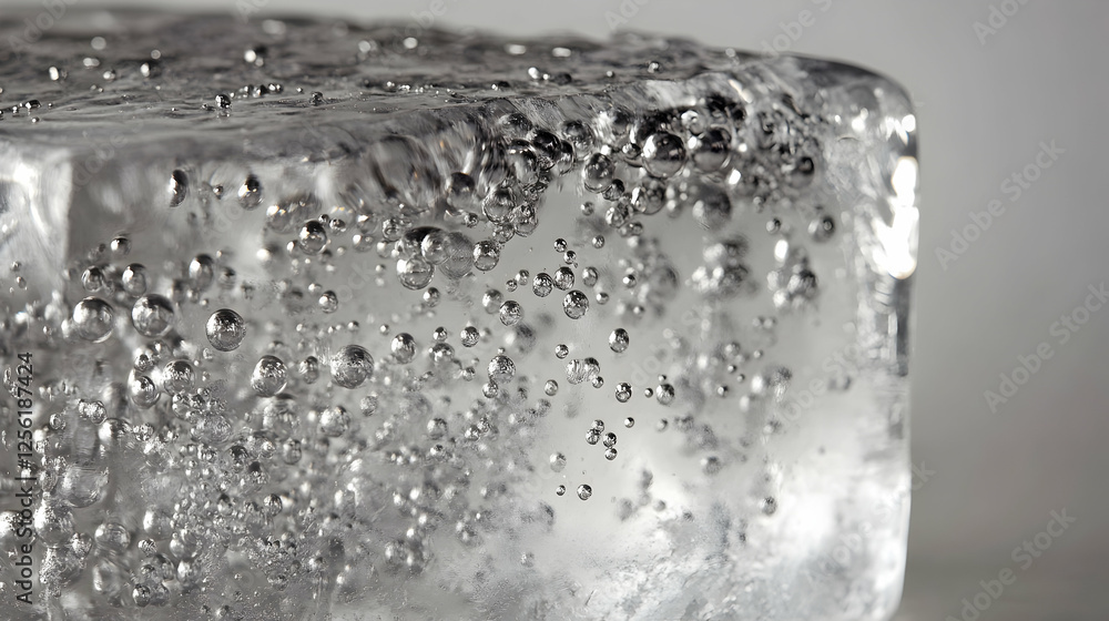 Poster a close-up of tiny air bubbles trapped inside a block of pure ice