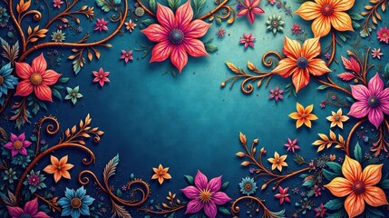 A vibrant tapestry of intricately designed floral elements, boasting a rich palette of colors and ornate gold accents, creates a stunning and elegant decorative frame.