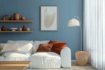 Contemporary living room with a cream boucle sofa and playful textures in warm and cool tones, framed by elegant wooden shelving. 
