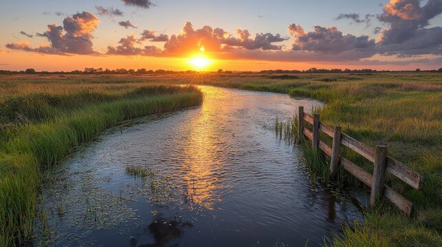 Serene sunset over a winding river surrounded by lush greenery.