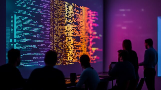 Programmers review colorful code projected on a large screen in a dark room.