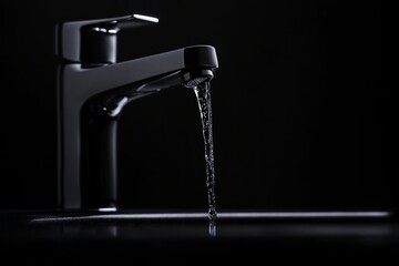 Water conservation reminder through simple elegance of a dripping faucet in darkness. Generative AI