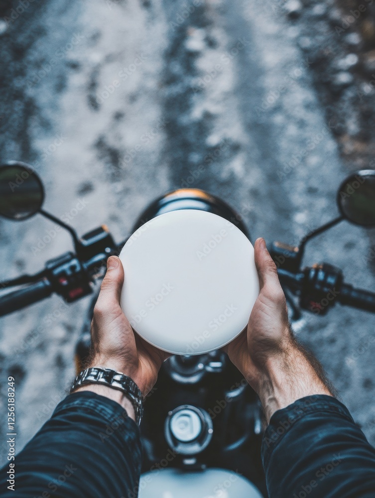 Poster motorcyclist holds a round white object while riding on a dirt path surrounded by nature in the morn