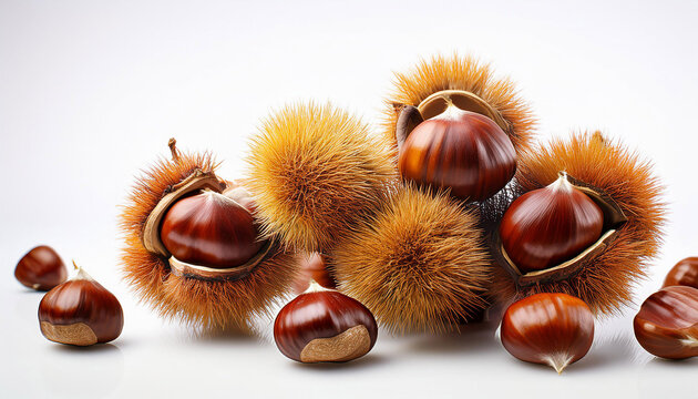 falling chestnuts on bunch on white background