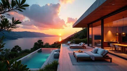 Fototapeta premium Serene Sunset Vista Modern Architectural Design with Infinity Pool and Luxurious Outdoor Lounging Area