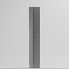 A simple, gray mascara tube stands against a light gray backdrop in this minimalist 3D rendering. The blank tube offers a clean slate for showcasing cosmetic packaging and branding designs.