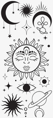 Collection of Mystical and Astrology objects. Moon, stars and sun mystical signs, Boho silhouettes. Astrological and magical elements are isolated on a white background. Astronomy Icons, and Graphics.