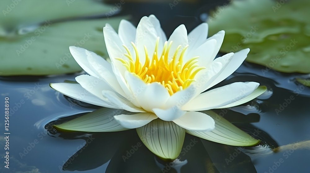 Poster a delicate water lily floating on a calm pond, emphasizing the beauty of aquatic ecosystems