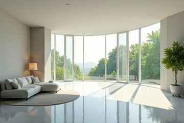 Fototapeta premium Serene Minimalist Living Room with Expansive Panoramic Windows Offering Breathtaking Views of Lush Greenery and Distant Hills