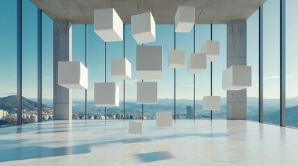 A room with many white cubes floating in the air