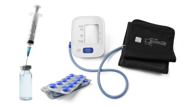 Electronic digital tonometer, medical blood pressure monitor, blister packs of pills, syringe and glass vial with liquid medication isolated on a transparent background