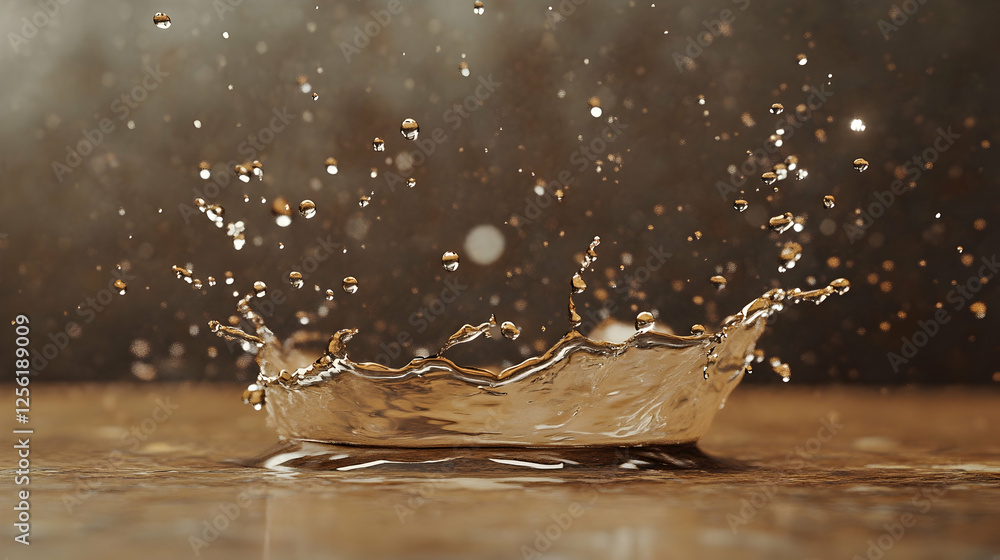 Poster a detailed view of a rain droplet falling onto a smooth surface, creating a splash effect