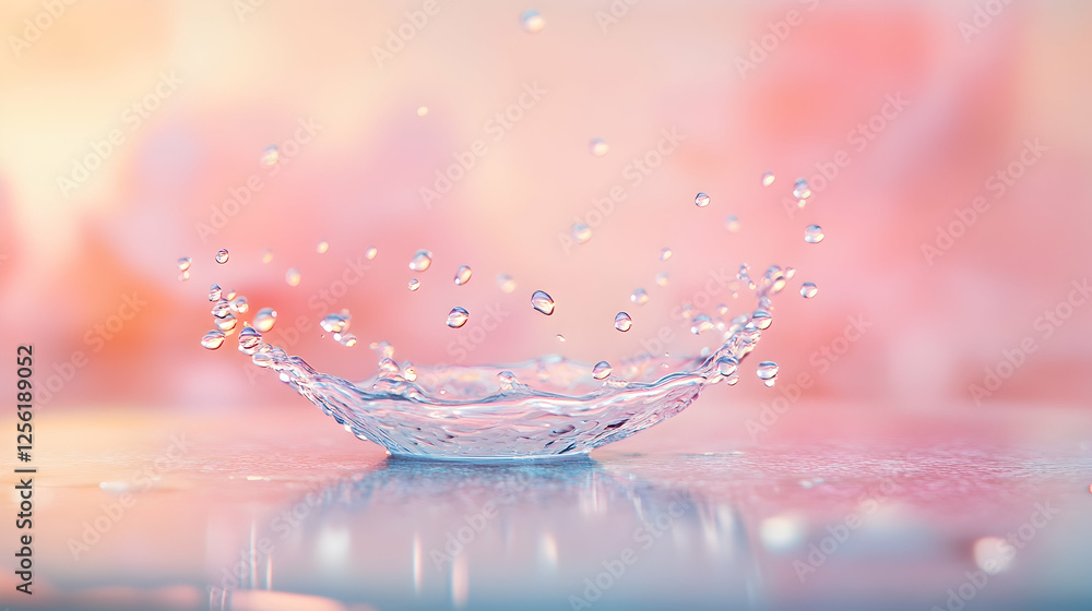 Poster a detailed view of a rain droplet falling onto a smooth surface, creating a splash effect